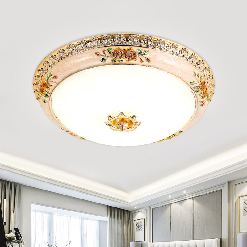 Korean Countryside Led Floral Flushmount Lamp - Resin Carved Gold Finish