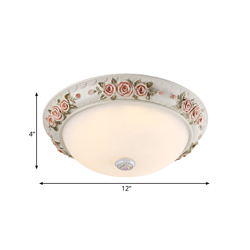 12/16 Wide Domed Ceiling Mounted Light With White Glass Flush Lamp And Rose Deco - Korea Countryside