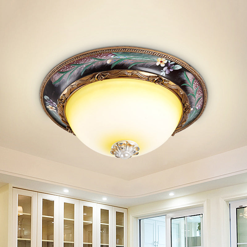 Antiqued Yellow Glass Led Flush Mount Fixture - Brass Domed Lighting 12’/16’ Wide Bedroom / 12’