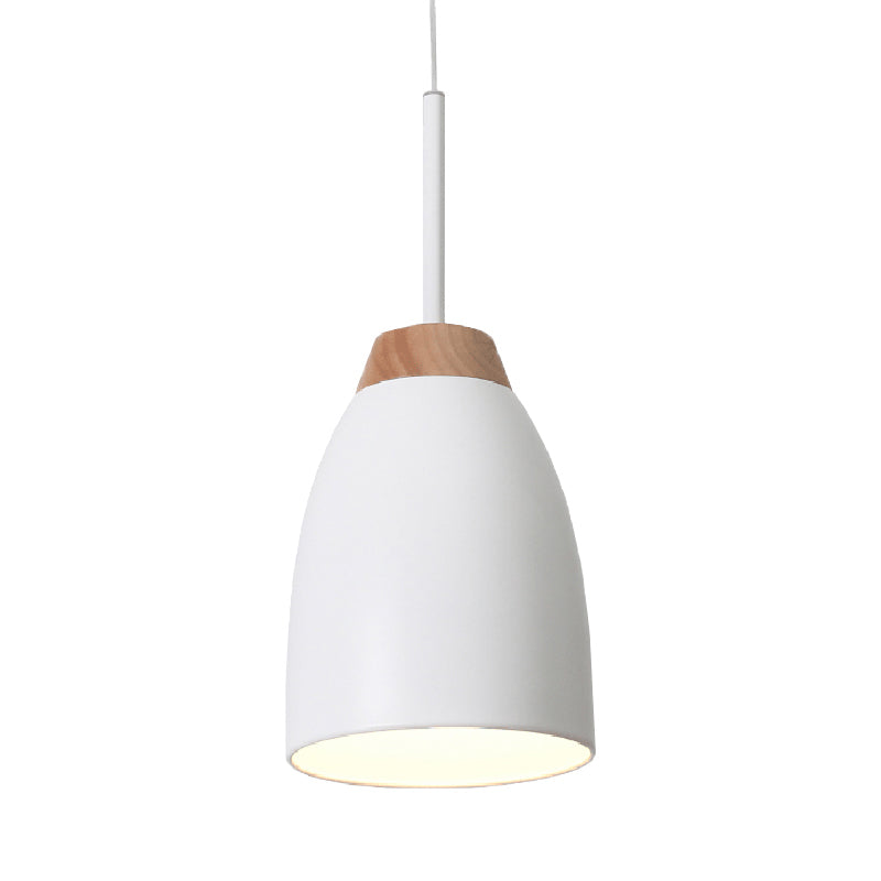 Bell Drop Pendant Light - Minimal Metal Fixture White/Black With Wood Accent Perfect For Table
