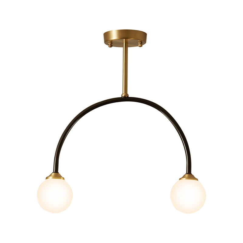 Arced Minimal 2 - Bulb Led Flush Ceiling Lamp – Brass & Black Restaurant Semi Mount Lighting