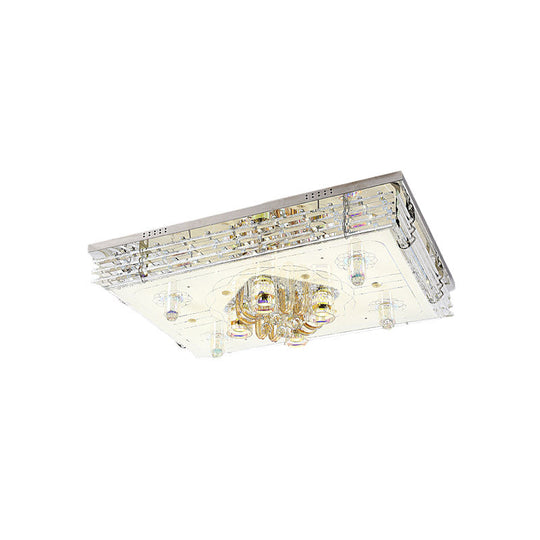 Contemporary Led Ceiling Lamp: Rectangle Clear Crystal Flush Light In Chrome For Living Room