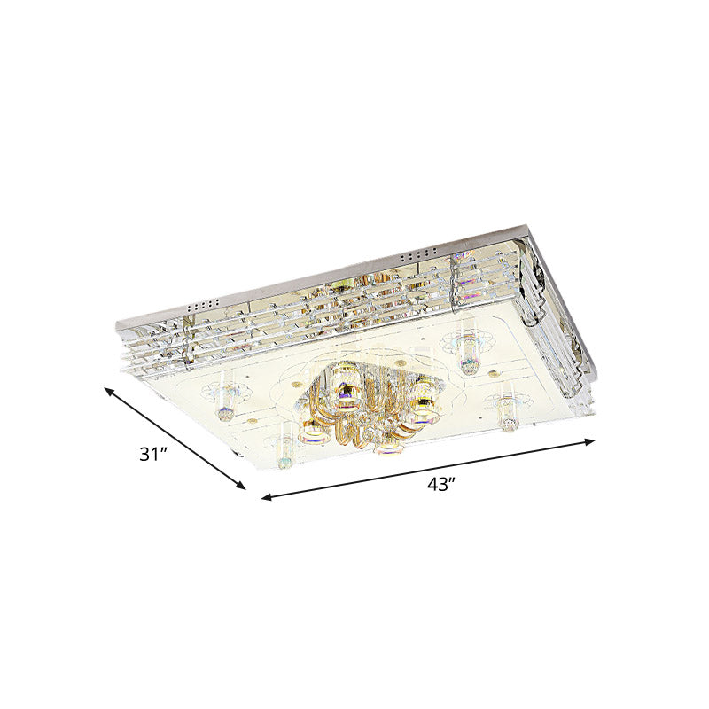 Contemporary Led Ceiling Lamp: Rectangle Clear Crystal Flush Light In Chrome For Living Room
