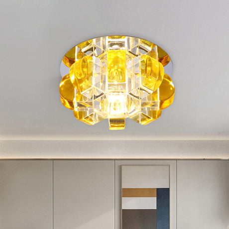 Modern Led Crystal Flush Mount Ceiling Light Fixture - Sleek Yellow Floral Design For Corridors