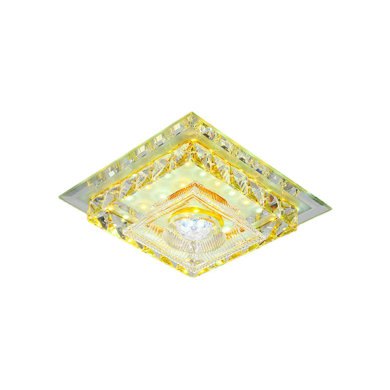 Simple Flushmount Led Ceiling Light With Clear Crystal Square Design And Ribbed Glass Shade In