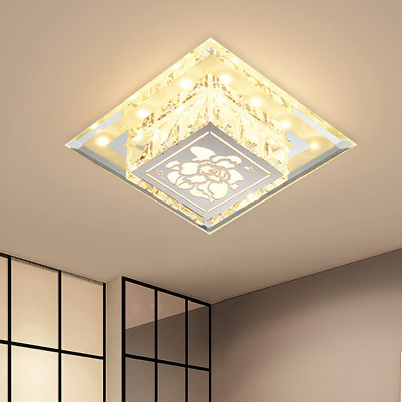 Contemporary Square Led Flush Light With Crystalline Facets In Chrome Elegant Flower Pattern