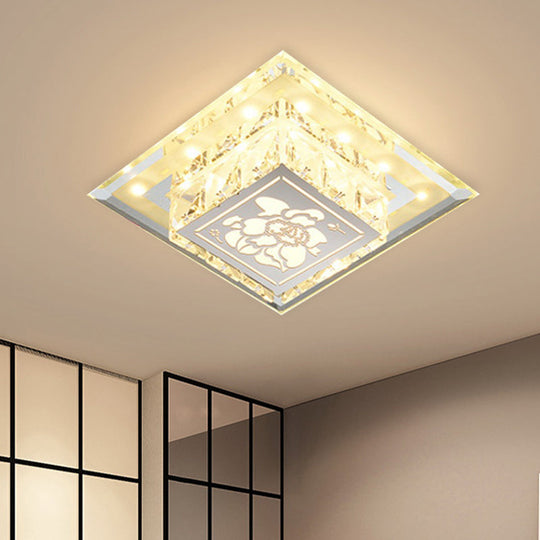 Contemporary Square Led Flush Light With Crystalline Facets In Chrome Elegant Flower Pattern