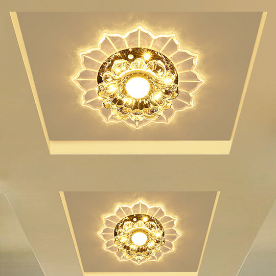 Modern Led Flush Mount Ceiling Light With Clear Crystal Flower Design Available In Warm/Blue/Pink /