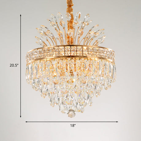 Contemporary Gold Crystal Chandelier Pendant - 9 Bulb Clear Conical Light Fixture For Bedroom