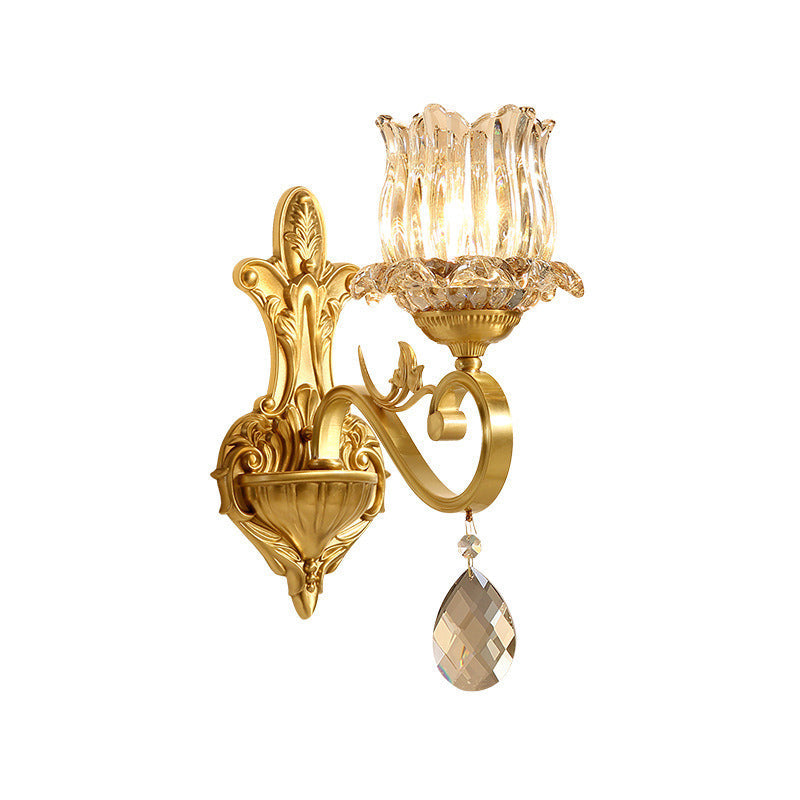 Gold Finish Crystal Wall Sconce: Traditional 1-Light Flower Lighting With Curved Arm