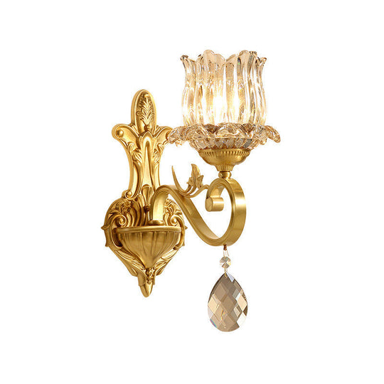 Gold Finish Crystal Wall Sconce: Traditional 1-Light Flower Lighting With Curved Arm