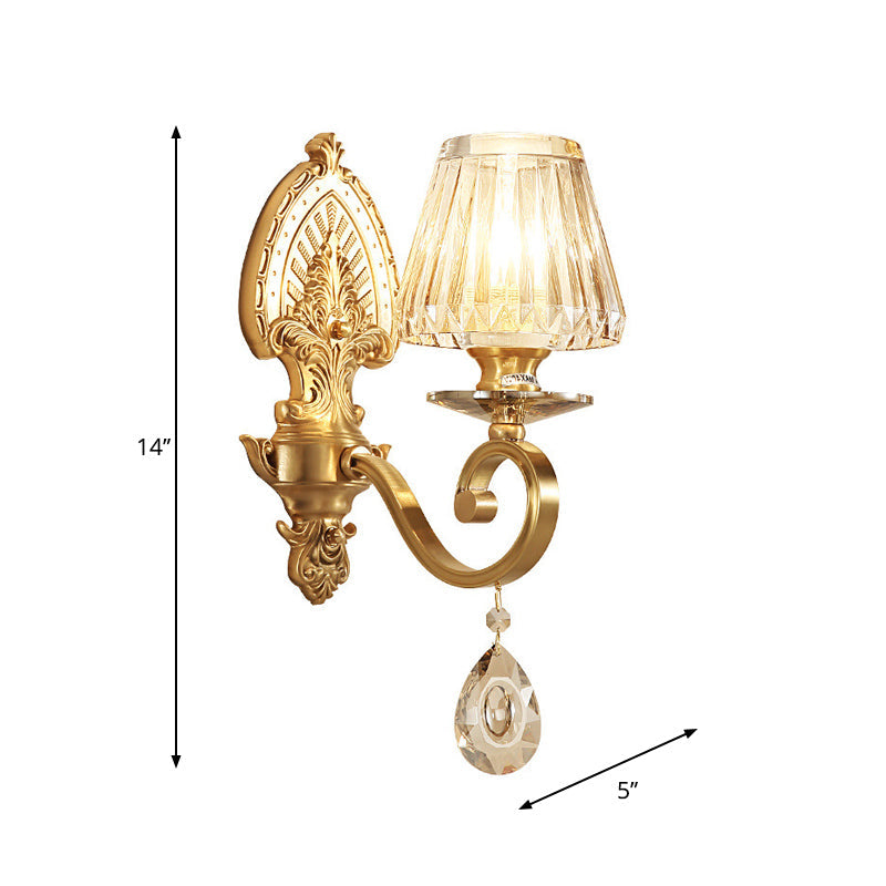 Country Style Gold Wall Mount Lighting With Cone Faceted Crystal Fixture & Swirl Arm