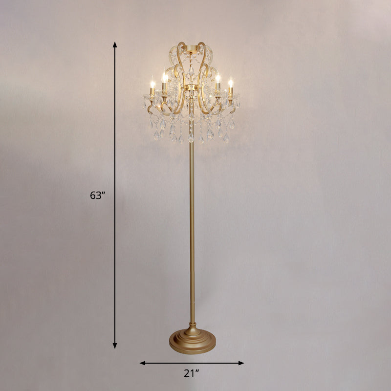 Classic Style Gold Metal Standing Floor Lamp With Crystal Strand - 5 Bulbs Scroll Frame Lighting