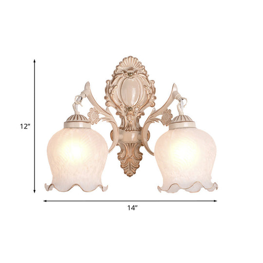 Traditional White Glass Wall Sconce 1/2-Bulb Flower Light Fixture For Living Room