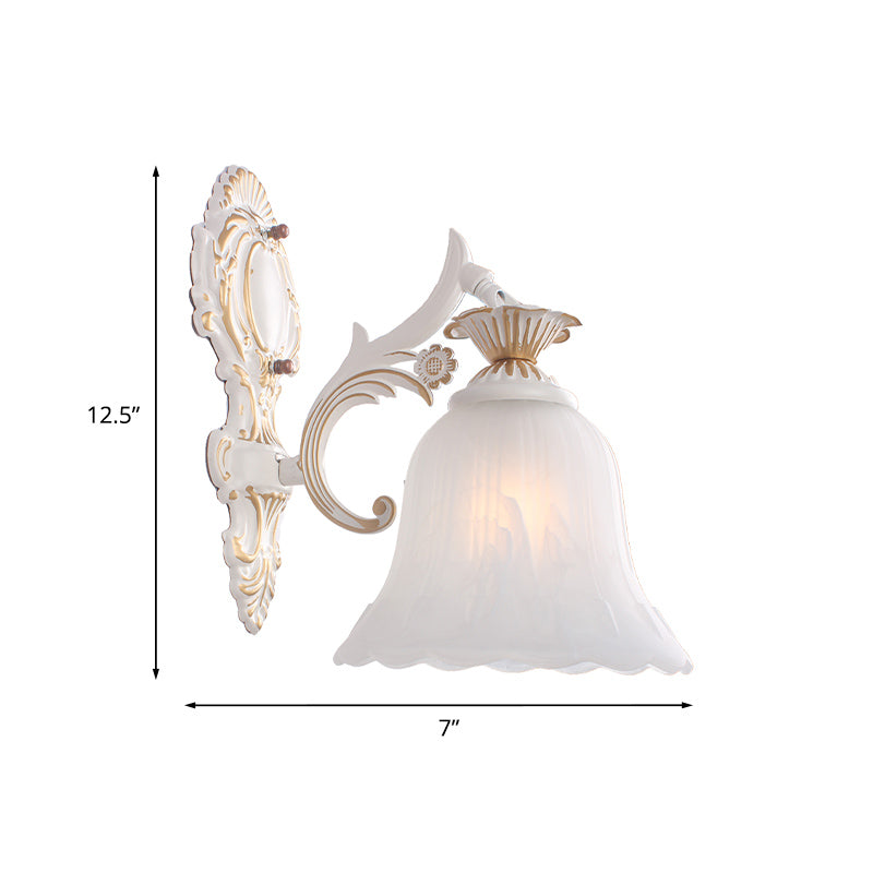 Classic Bell Sconce Light With Carved Arm - White Glass 1/2-Bulb Wall Lighting For Bedroom