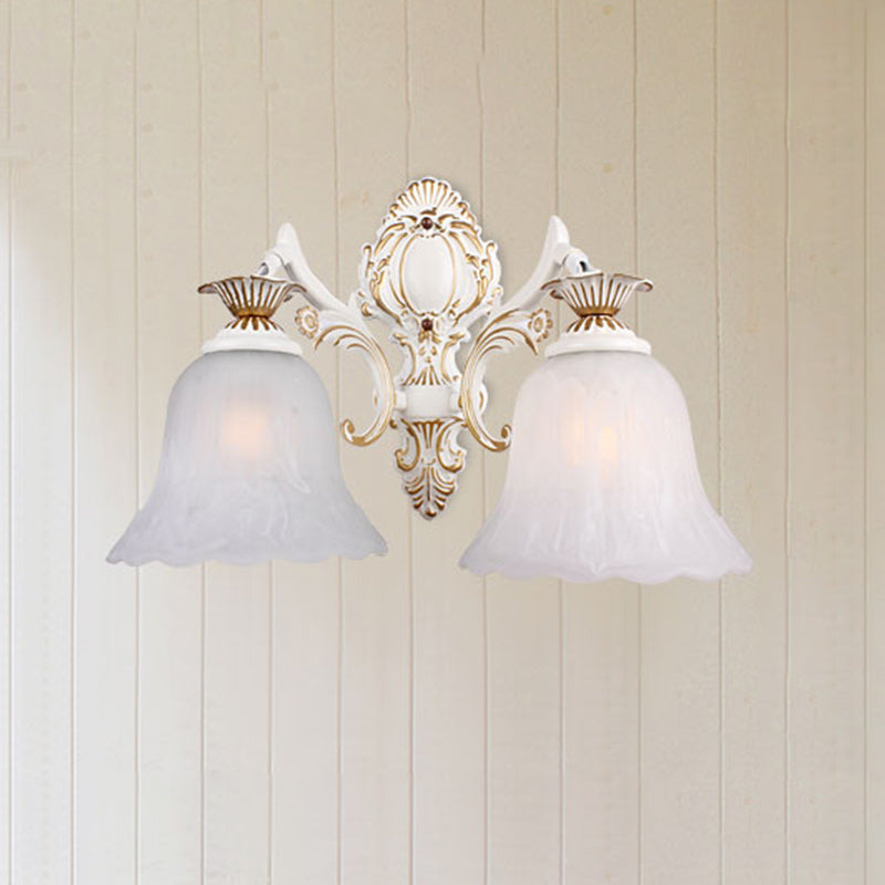 Classic Bell Sconce Light With Carved Arm - White Glass 1/2-Bulb Wall Lighting For Bedroom 2 /