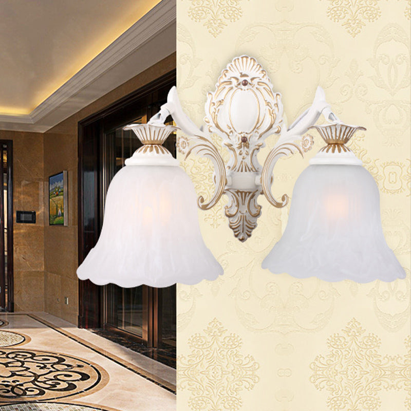 Classic Bell Sconce Light With Carved Arm - White Glass 1/2-Bulb Wall Lighting For Bedroom