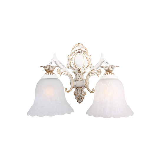 Classic Bell Sconce Light With Carved Arm - White Glass 1/2-Bulb Wall Lighting For Bedroom