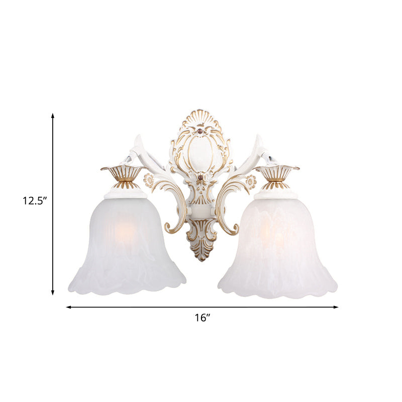 Classic Bell Sconce Light With Carved Arm - White Glass 1/2-Bulb Wall Lighting For Bedroom