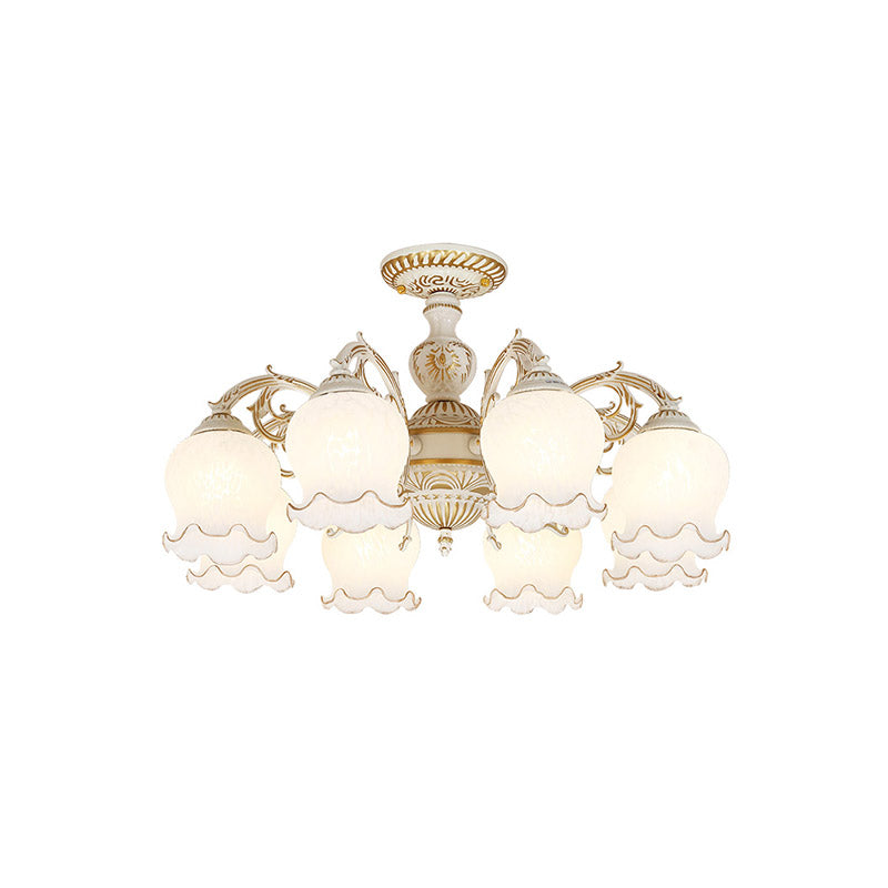 Rustic White Glass Semi Flush Mount Light Fixture With Beige Finish - Flower Living Room 3/5/6 Bulbs