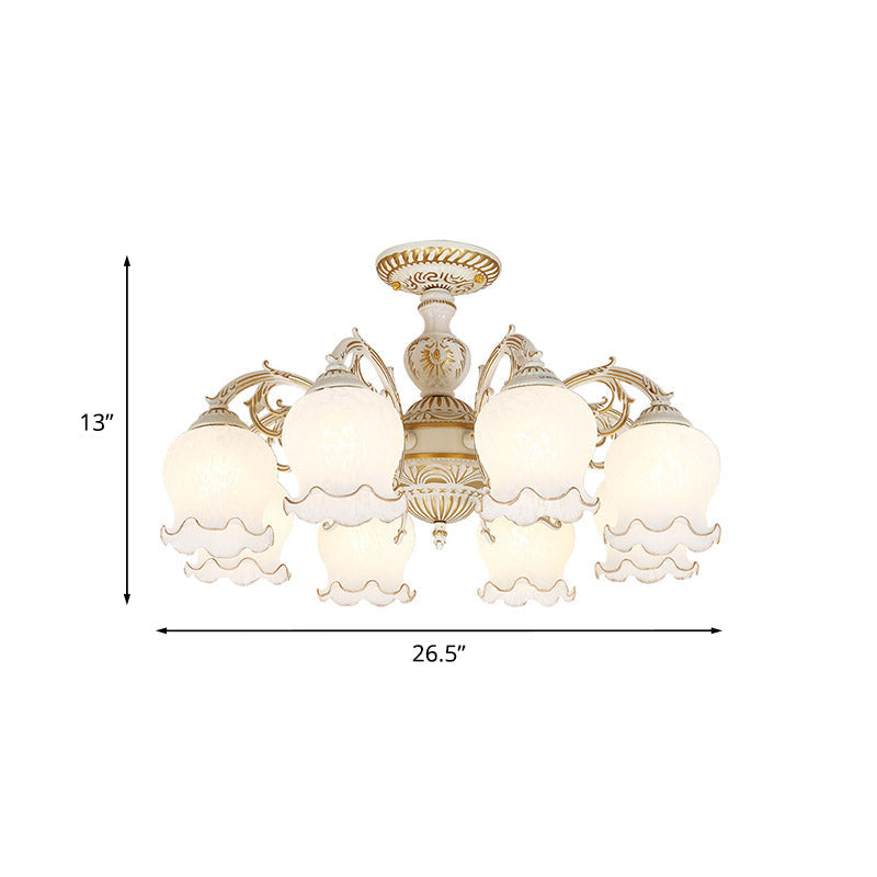 Rustic White Glass Semi Flush Mount Light Fixture With Beige Finish - Flower Living Room 3/5/6 Bulbs