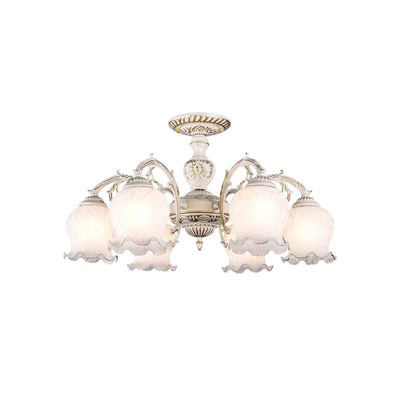 Rustic White Glass Semi Flush Mount Light Fixture With Beige Finish - Flower Living Room 3/5/6 Bulbs
