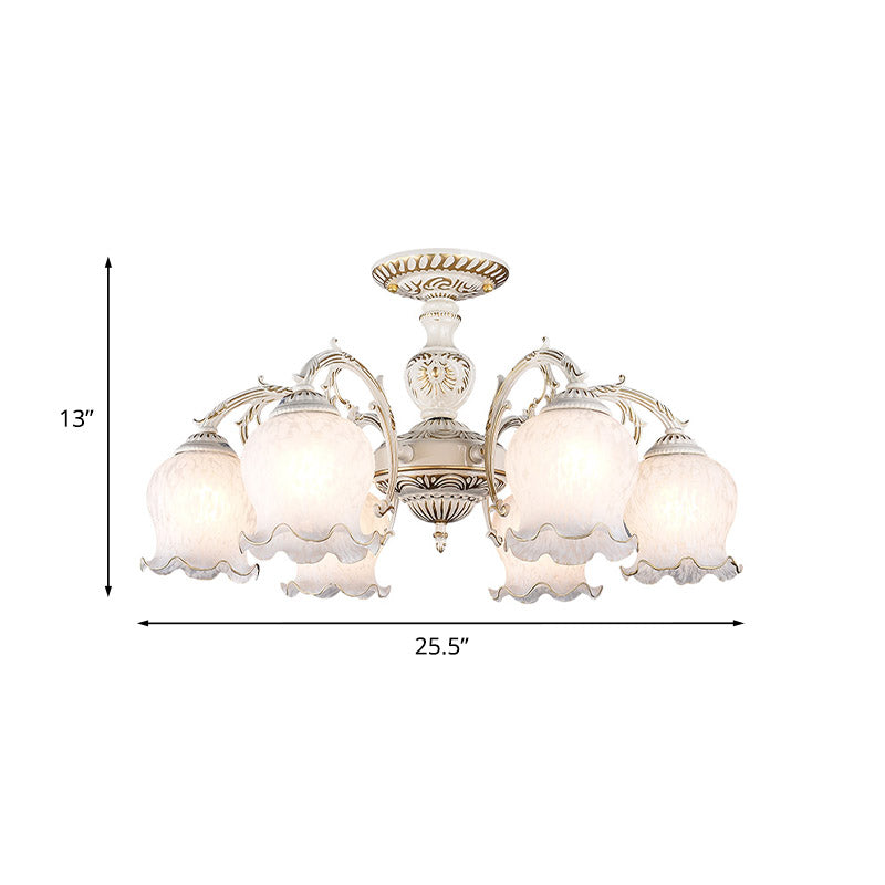 Rustic White Glass Semi Flush Mount Light Fixture With Beige Finish - Flower Living Room 3/5/6 Bulbs