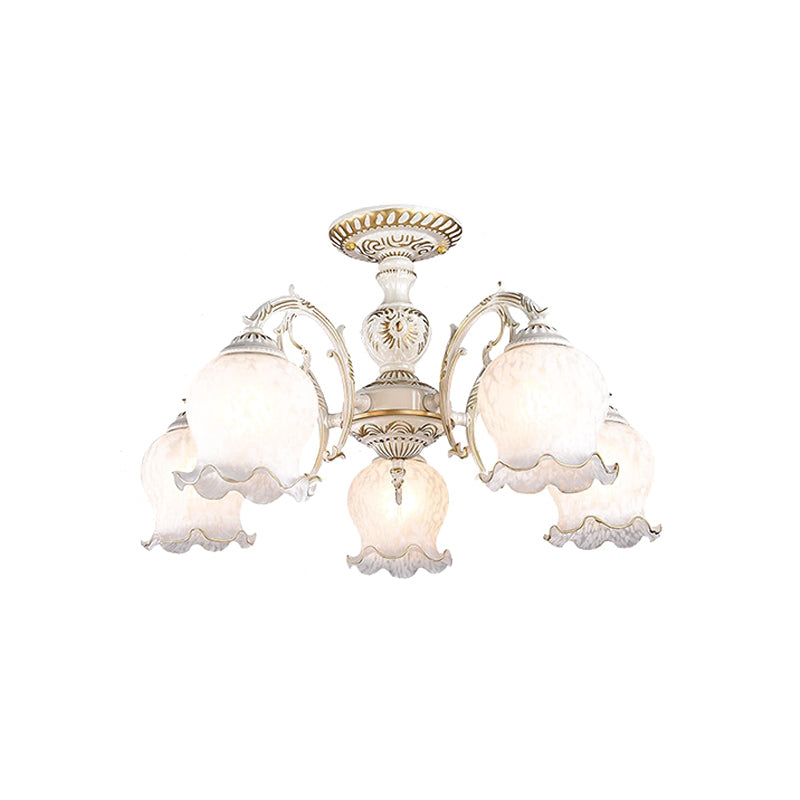 Rustic White Glass Semi Flush Mount Light Fixture With Beige Finish - Flower Living Room 3/5/6 Bulbs