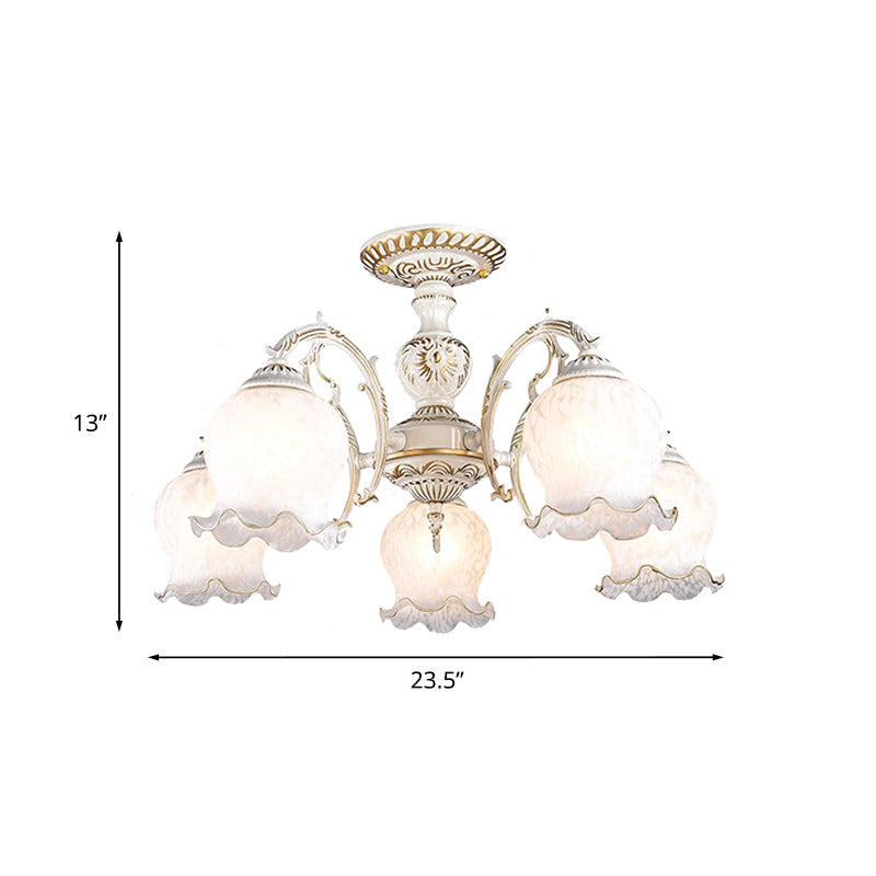 Rustic White Glass Semi Flush Mount Light Fixture With Beige Finish - Flower Living Room 3/5/6 Bulbs
