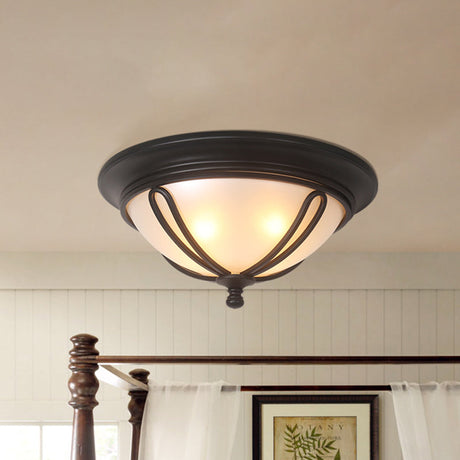 Antique Milk Glass Flush Mount Light With Metal Cage Frame - Black Finish 4 Bulb Lamp