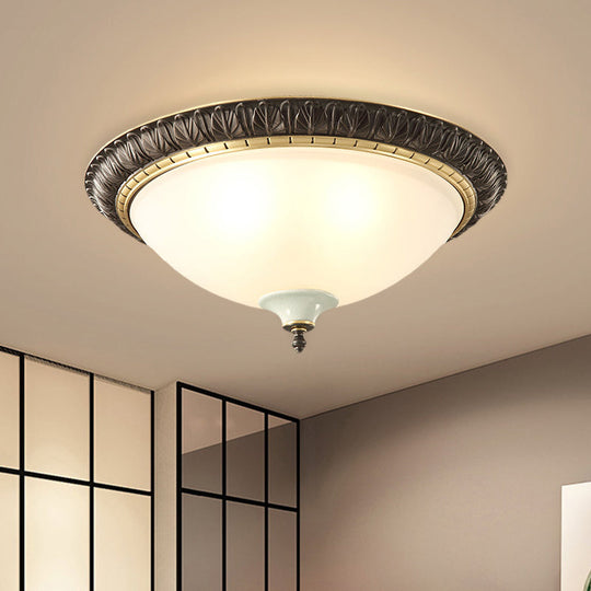 Black Milk Glass Ceiling Lamp With Leaf/Flower Trim - Traditional 3-Head Flush Mount