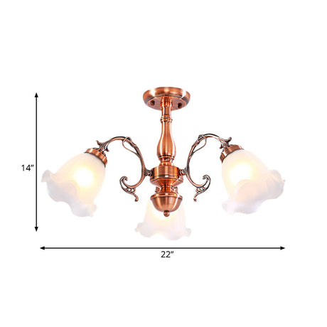 Country Cream Glass Flower Shape Semi Flush Mount Lamp - Copper Lighting (3/5/8 Lights)