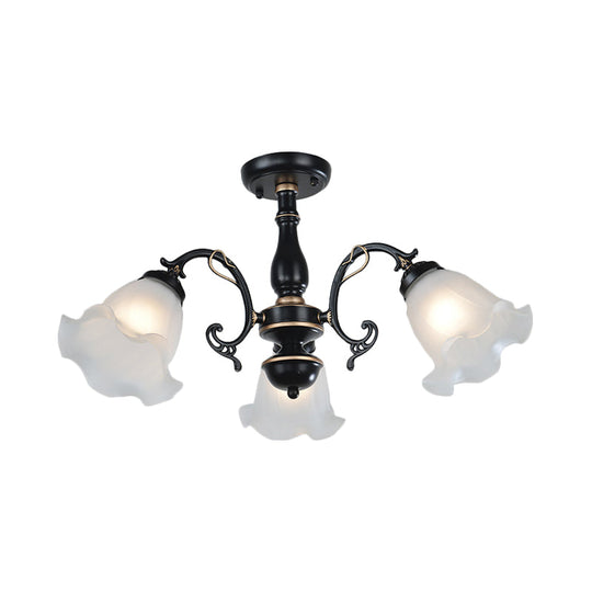 3/5 - Light Floral Semi - Flush Ceiling Light - Countryside White/Black Finish With Cream Glass