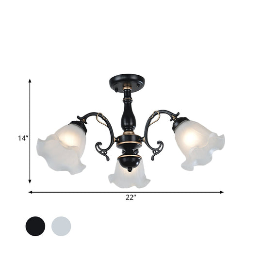 3/5 - Light Floral Semi - Flush Ceiling Light - Countryside White/Black Finish With Cream Glass