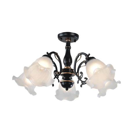 3/5-Light Floral Semi-Flush Ceiling Light - Countryside White/Black Finish With Cream Glass