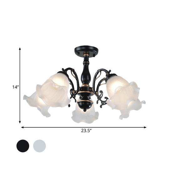 3/5 - Light Floral Semi - Flush Ceiling Light - Countryside White/Black Finish With Cream Glass