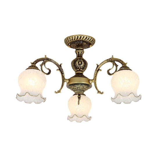 Frosted Glass Bronze Semi Flush Ceiling Lamp With Flower Design - 3/5/6 - Bulb Antique Lighting