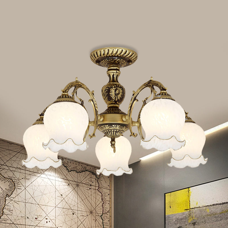 Frosted Glass Bronze Semi Flush Ceiling Lamp With Flower Design - 3/5/6 - Bulb Antique Lighting 5 /