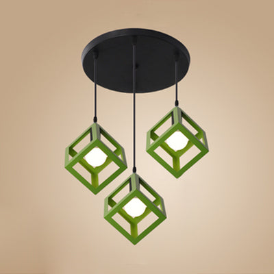 Industrial 3-Head Pendant Light With Squared Metallic Cage Red/Yellow Canopy For Hallway Green /
