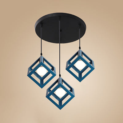 Industrial 3-Head Pendant Light With Squared Metallic Cage Red/Yellow Canopy For Hallway Blue /