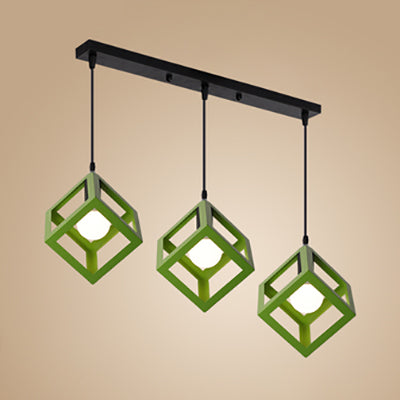 Industrial 3-Head Pendant Light With Squared Metallic Cage Red/Yellow Canopy For Hallway Green /