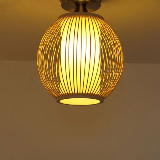 Asia 1 - Head Ceiling Mounted Wood Pear/Globe Light Fixture With Bamboo Cage And Shade