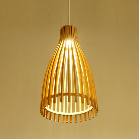Japanese Conical Bamboo Strip Pendant Lamp - Natural Beige Hanging Ceiling Light For Tea House