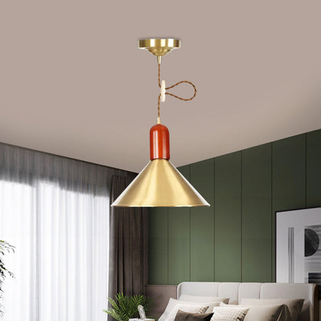 Vintage Style Gold Conical Pendant Ceiling Light With Extendable Hanging Lamp - 1-Light For Living