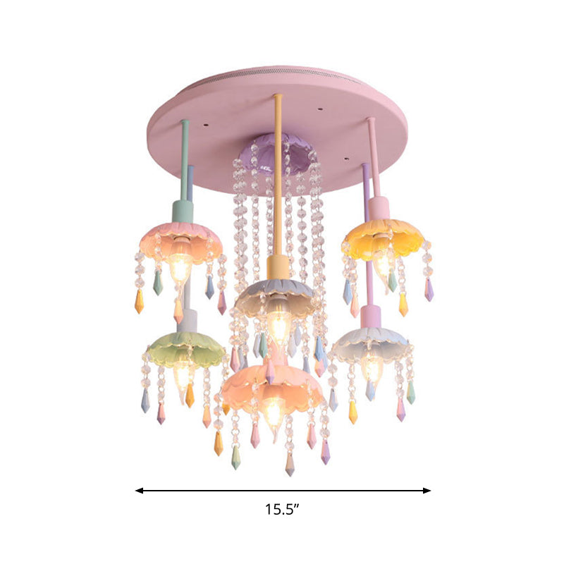 Sleek Pink Semi - Flush Mount Ceiling Light With Crystal Drop - Macaron Metal 7 - Light Fixture For