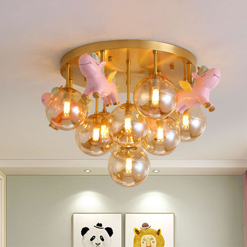Gold Metal Cartoon Pony Semi - Flush Mount Lamp With Amber Glass Shades - 9 Head Macaron Ceiling