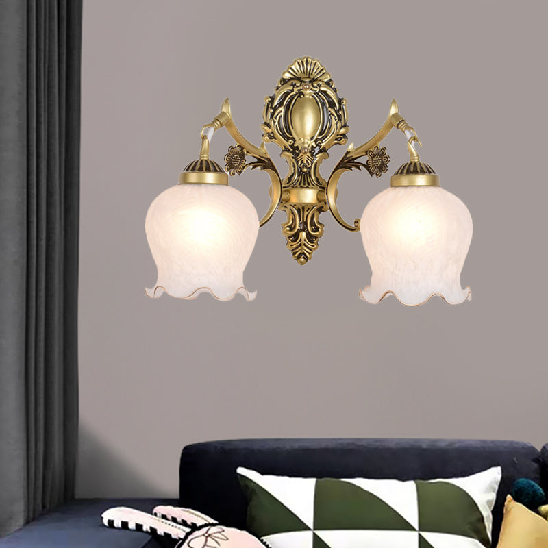 Opal Glass Flower Wall Lamp Fixture In Antique Bronze - Bedroom Mount Light