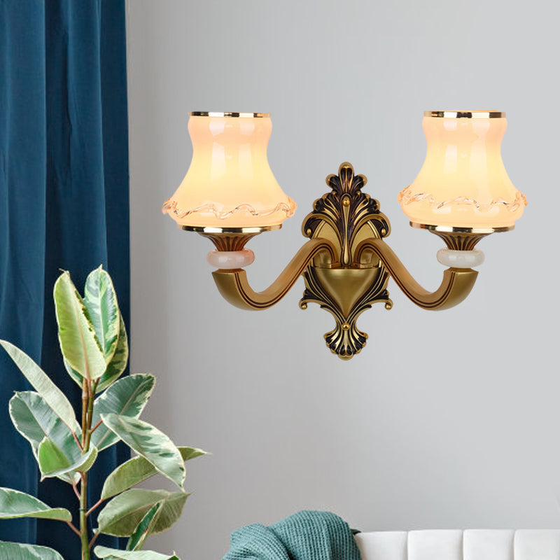 Vintage Frosted Glass Wall Lamp With Brass Mount - Urn Shape 1/2-Bulb Living Room Lighting