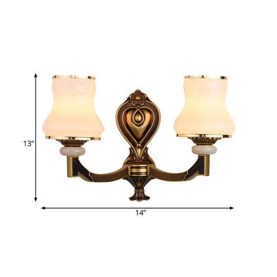 Vintage Frosted Glass Wall Lamp With Brass Mount - Urn Shape 1/2-Bulb Living Room Lighting