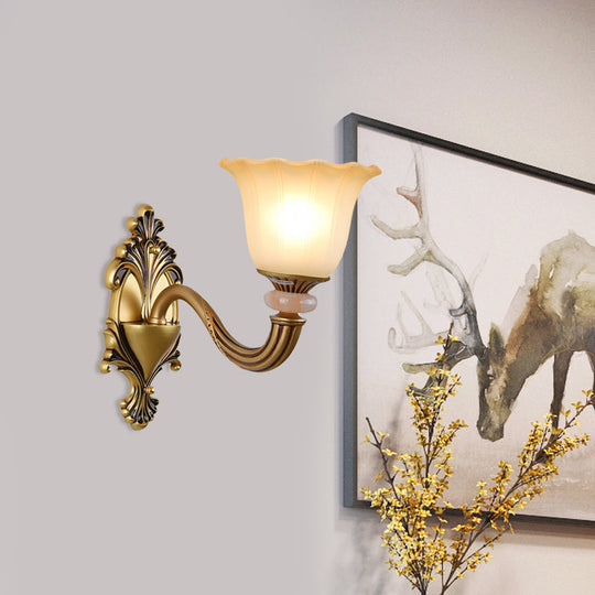 Traditional Flower-Shape Opal Glass Wall Sconce Light Fixture In Brass